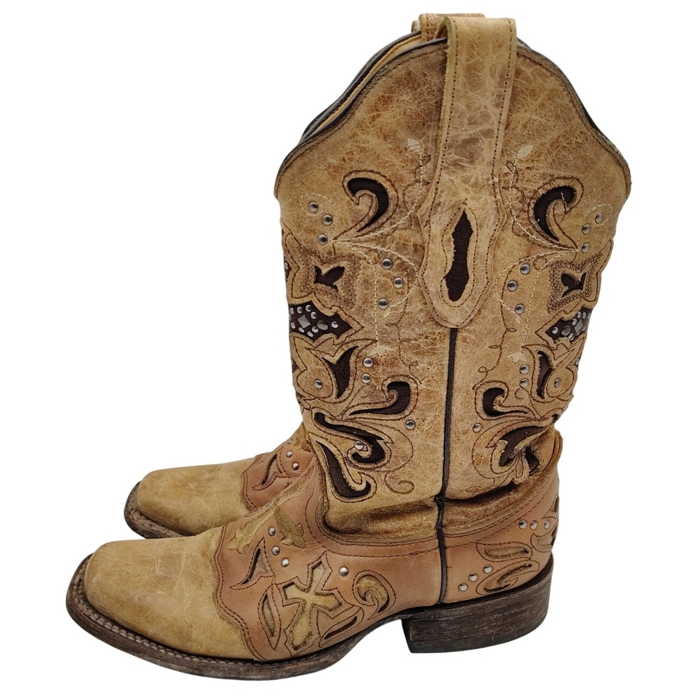 Corral C1167 Antique Saddle Cross Studded Square Toe Western Boots Womens 6.5M
